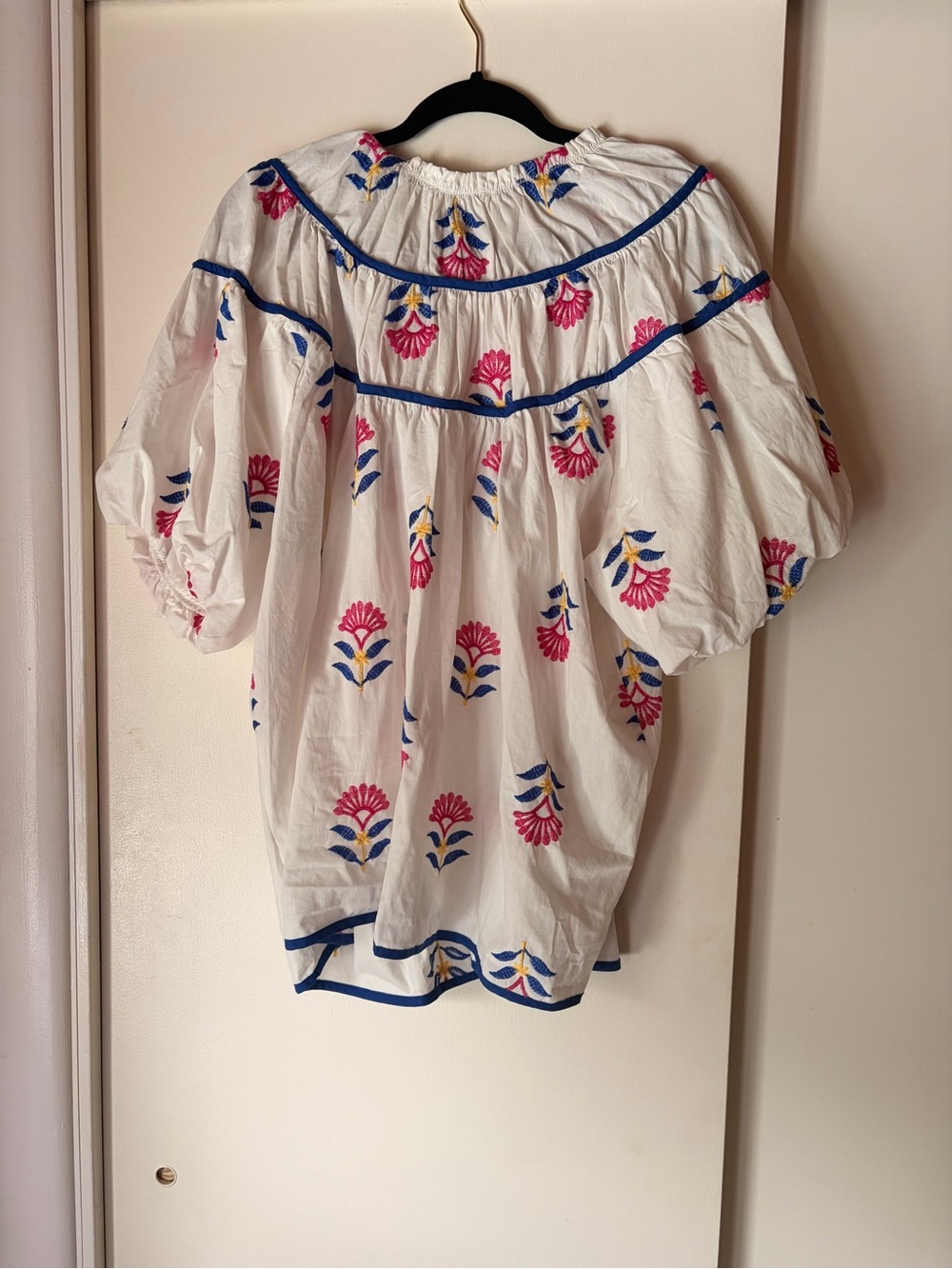 Umgee White Embroidered Puff Sleeve Top with Blue & Pink Accents - Picture 4 of 4